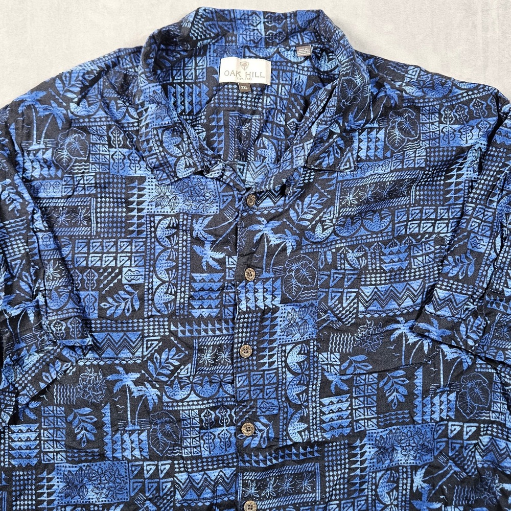 Oak Hill Hawaiian Shirt Mens 3XL Blue Geometric Tribal Palm Print 100% Rayon